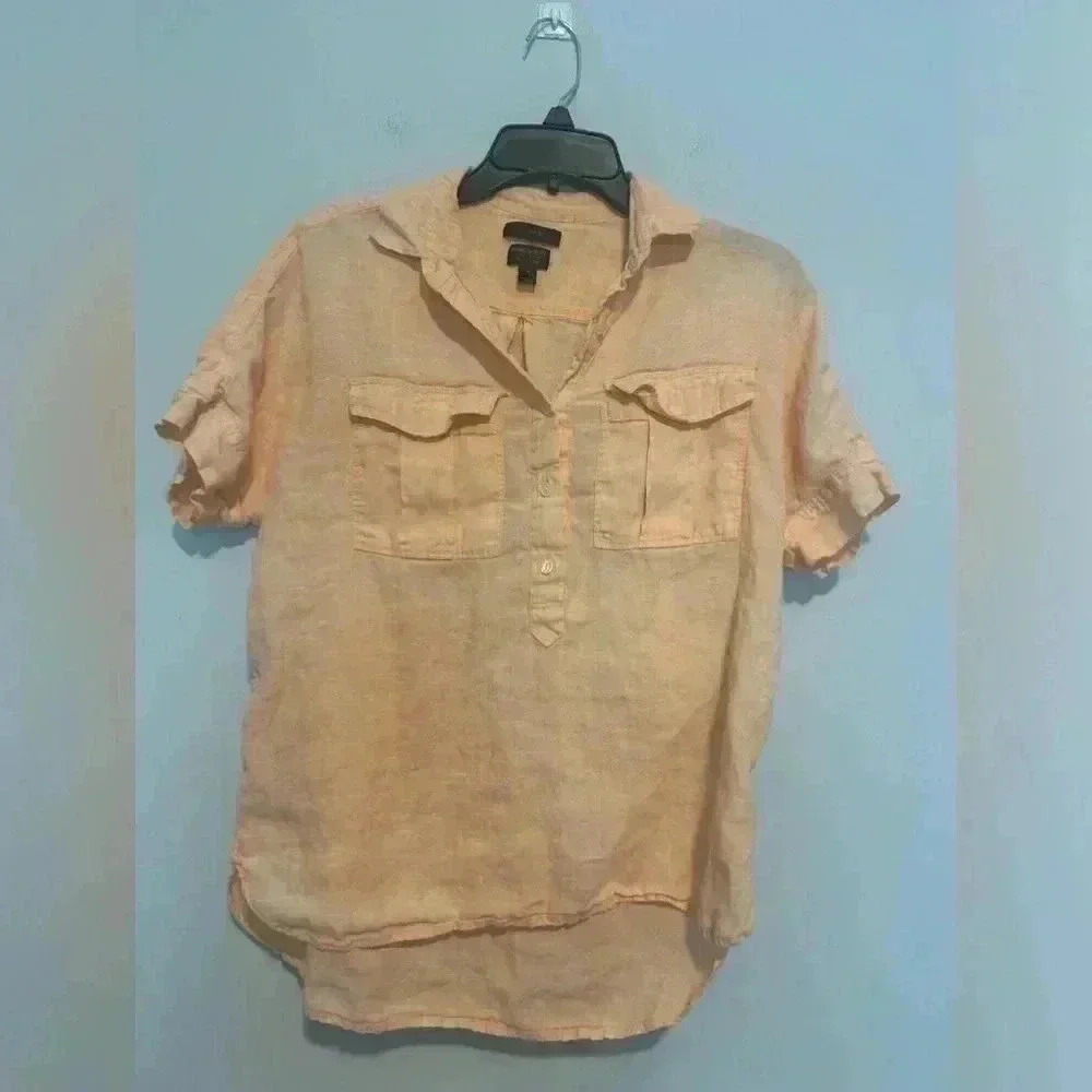 J Crew X Baird McNutt Blouse Womens 4 Orange Irish Linen Short Sleeve Button Up